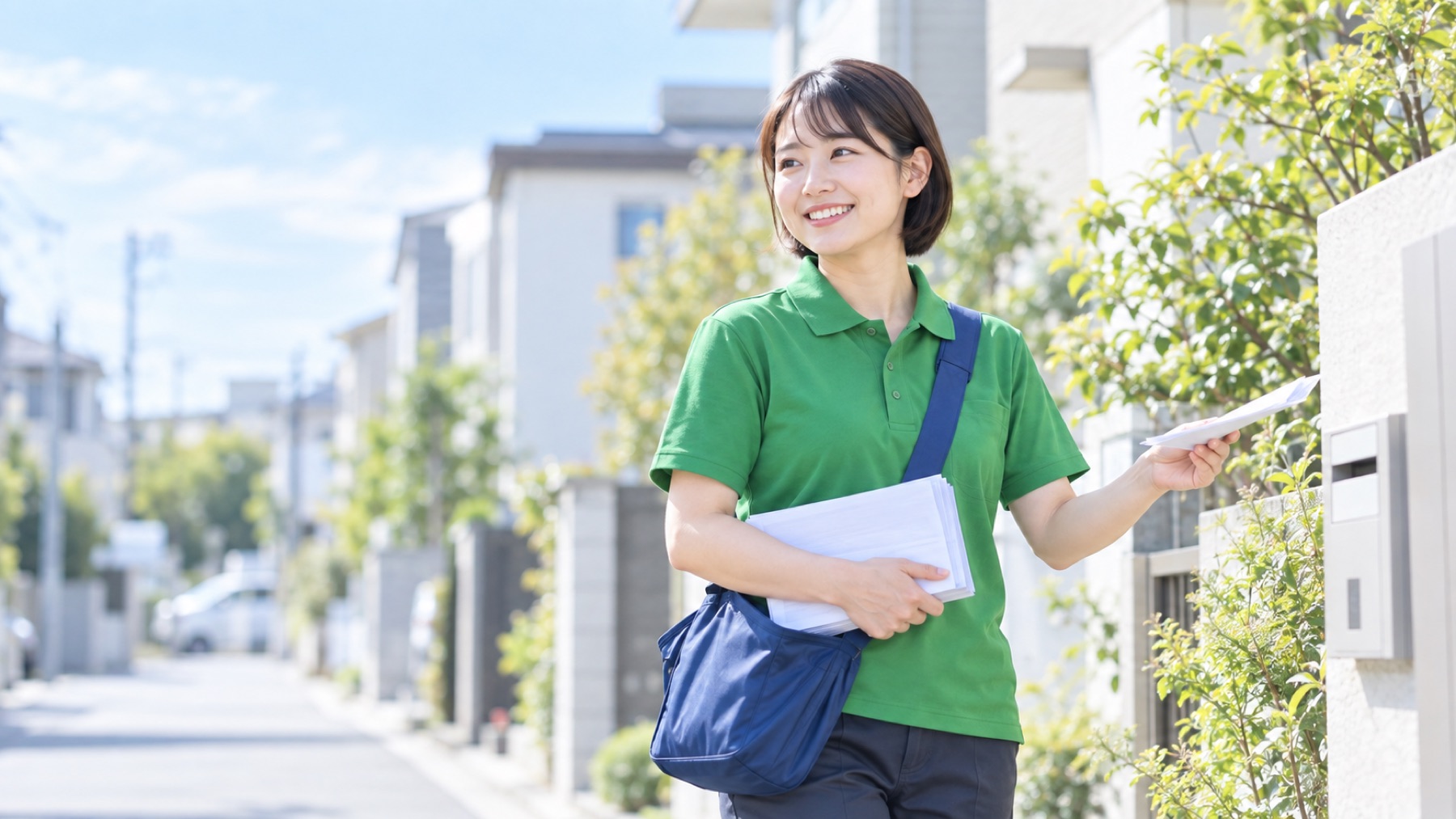 住宅街で配布するスタッフ